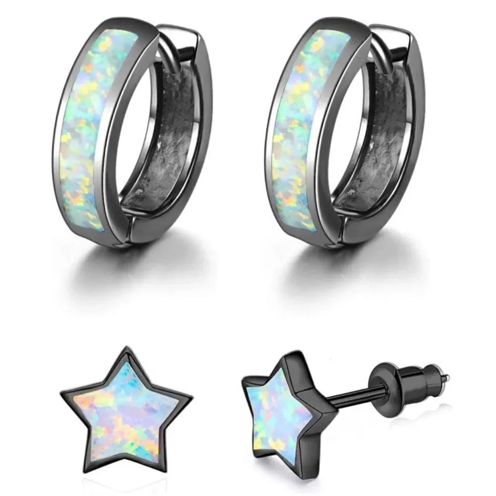14K Black Gold with Genuine White Fire Opal Huggie Star Stud Earrings Set of 2